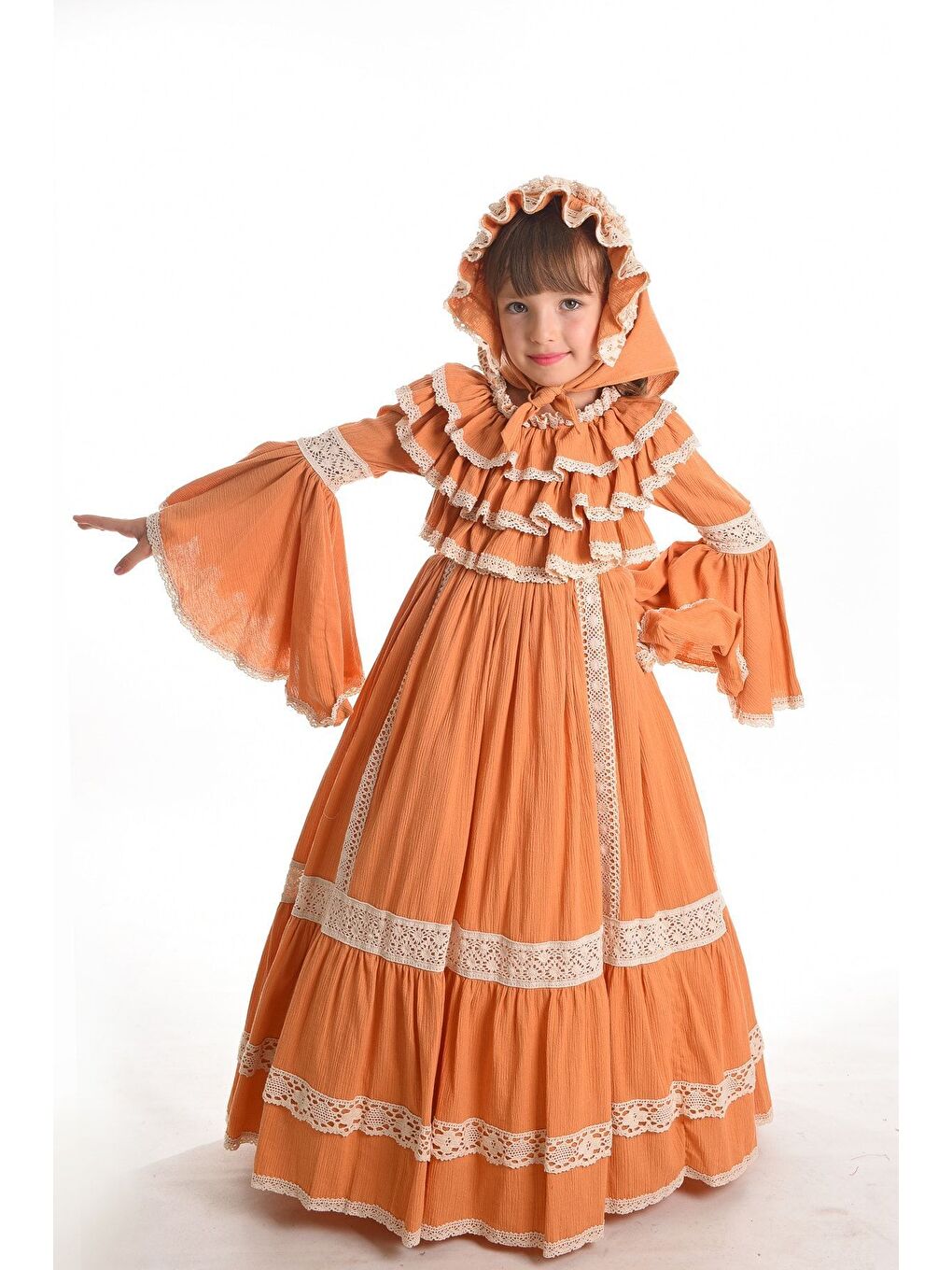 Turuncu Özel Tasarım Vintage Kız Çocuk Elbise, Saç Aksesuarlı Kız Çocuk Abiye Elbise, Uzun Kız Çocuk Elbise-2