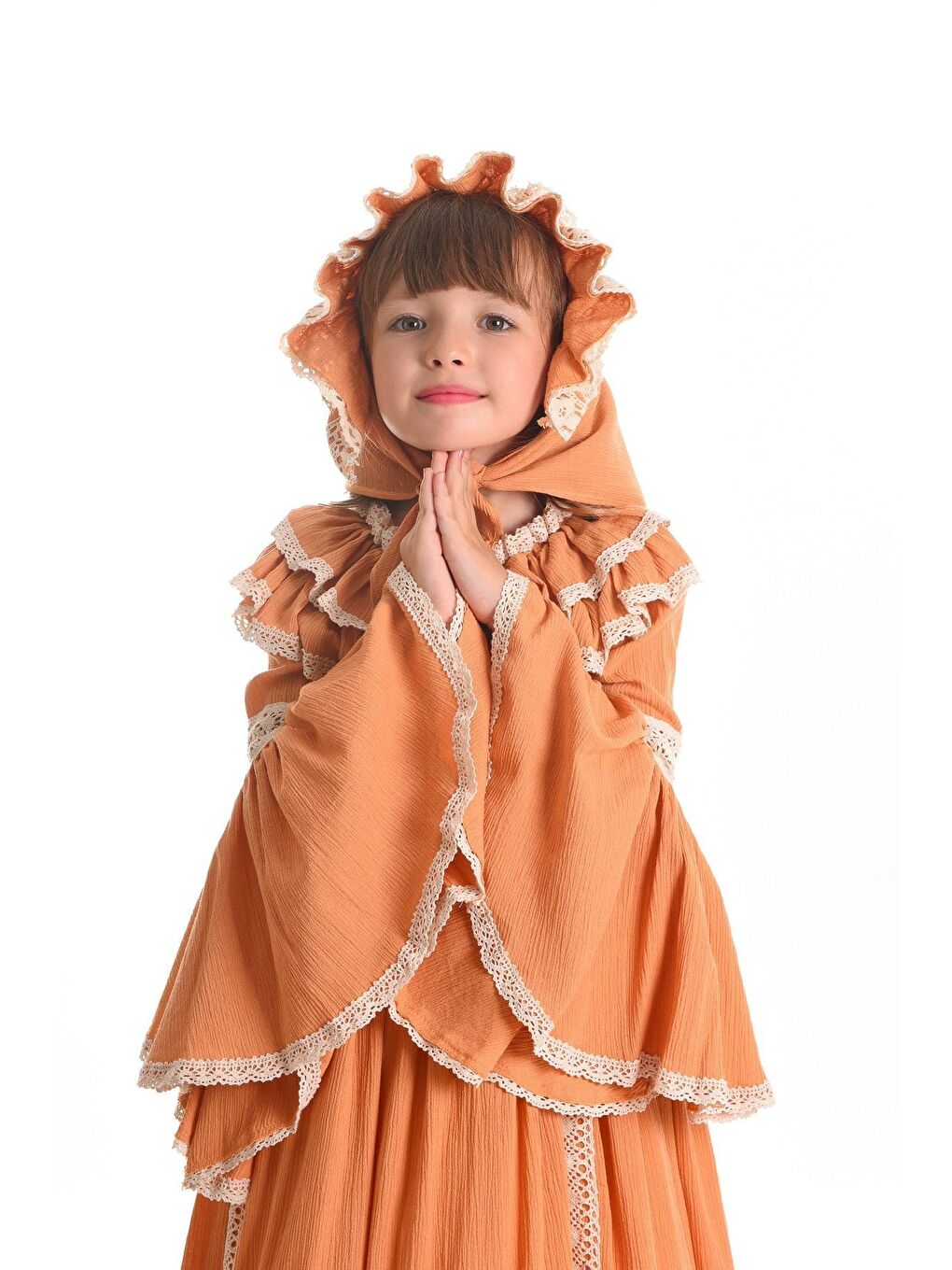 Turuncu Özel Tasarım Vintage Kız Çocuk Elbise, Saç Aksesuarlı Kız Çocuk Abiye Elbise, Uzun Kız Çocuk Elbise-3