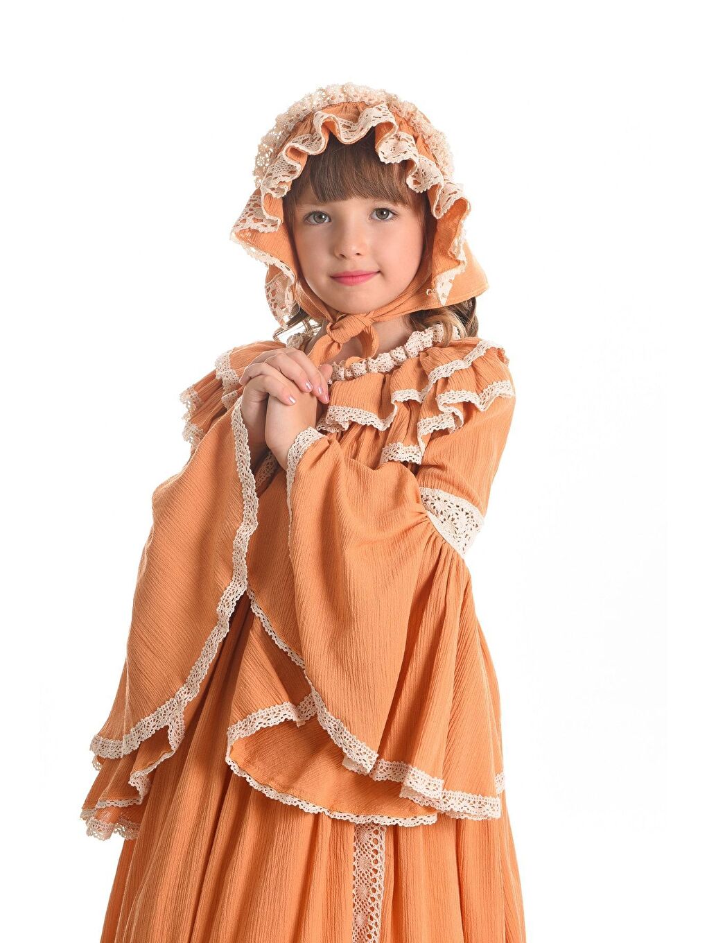 Turuncu Özel Tasarım Vintage Kız Çocuk Elbise, Saç Aksesuarlı Kız Çocuk Abiye Elbise, Uzun Kız Çocuk Elbise-4
