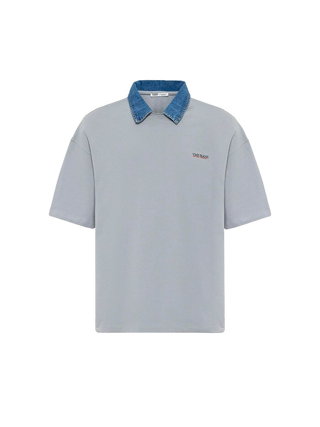 Polo Yaka Yazı Detaylı Oversize Tişört Gri-1