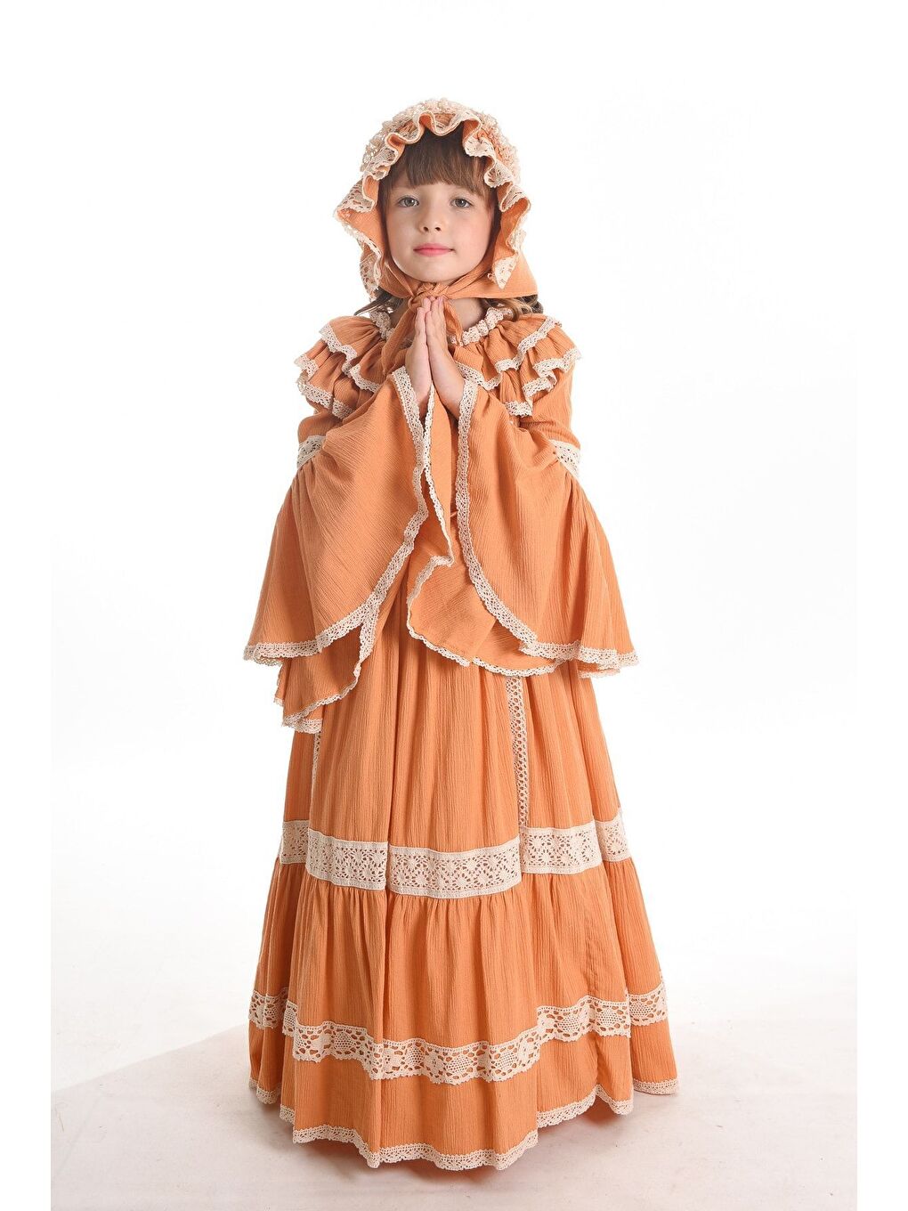 Turuncu Özel Tasarım Vintage Kız Çocuk Elbise, Saç Aksesuarlı Kız Çocuk Abiye Elbise, Uzun Kız Çocuk Elbise-5