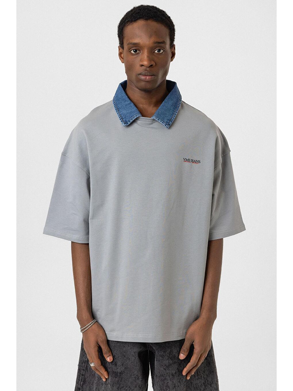 Polo Yaka Yazı Detaylı Oversize Tişört Gri-2