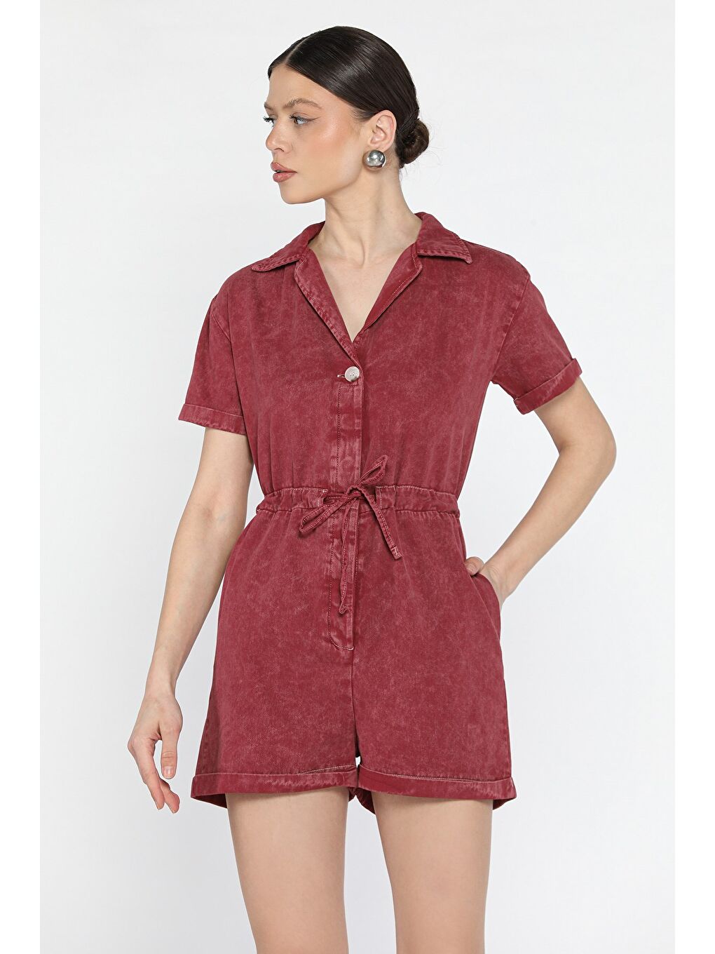 Bordo Kol Katlamalı Bel Bağcıklı Jean Tulum