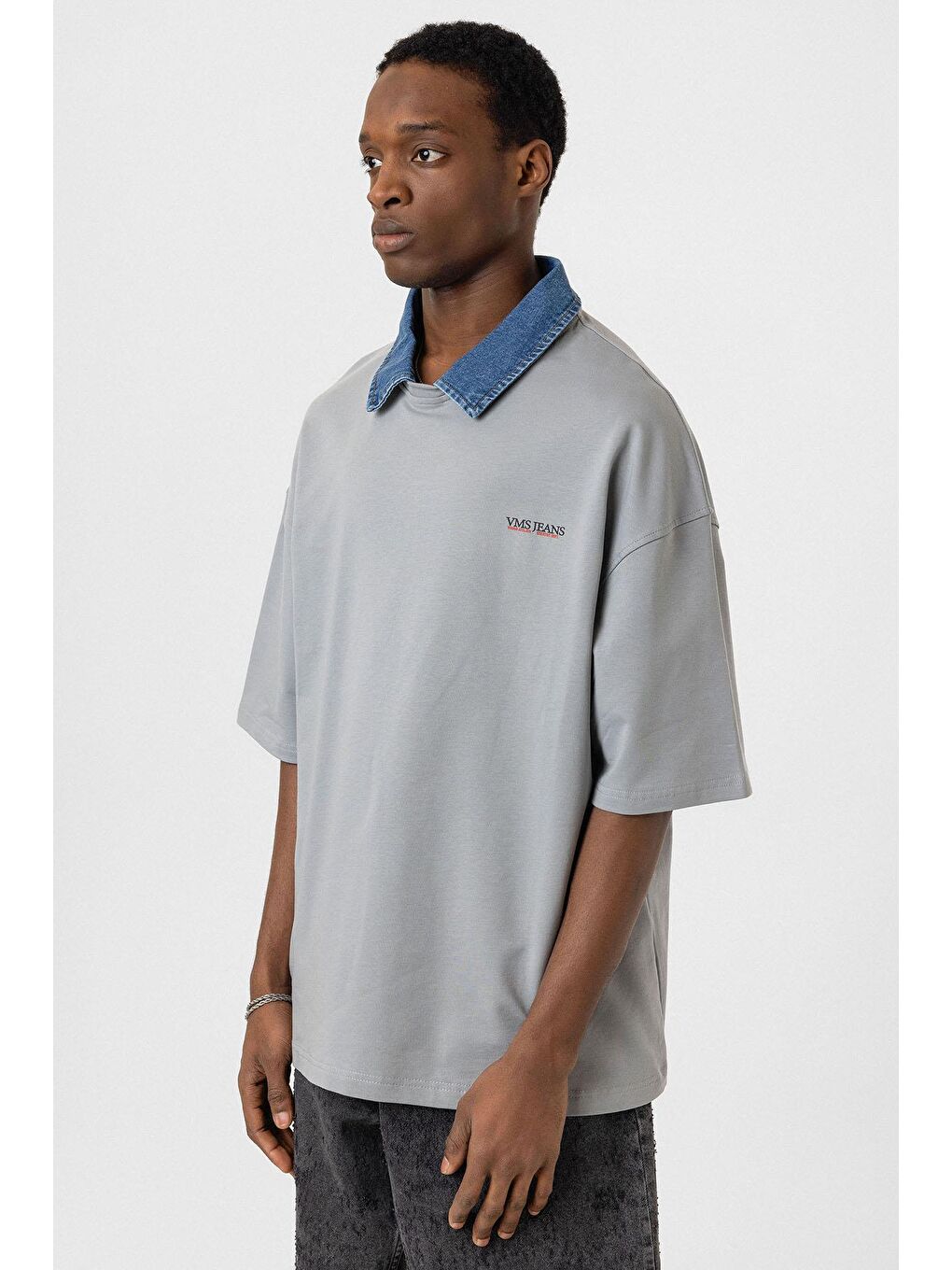 Polo Yaka Yazı Detaylı Oversize Tişört Gri-3