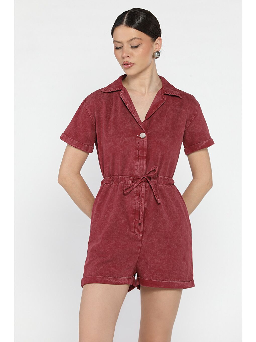 Bordo Kol Katlamalı Bel Bağcıklı Jean Tulum-1