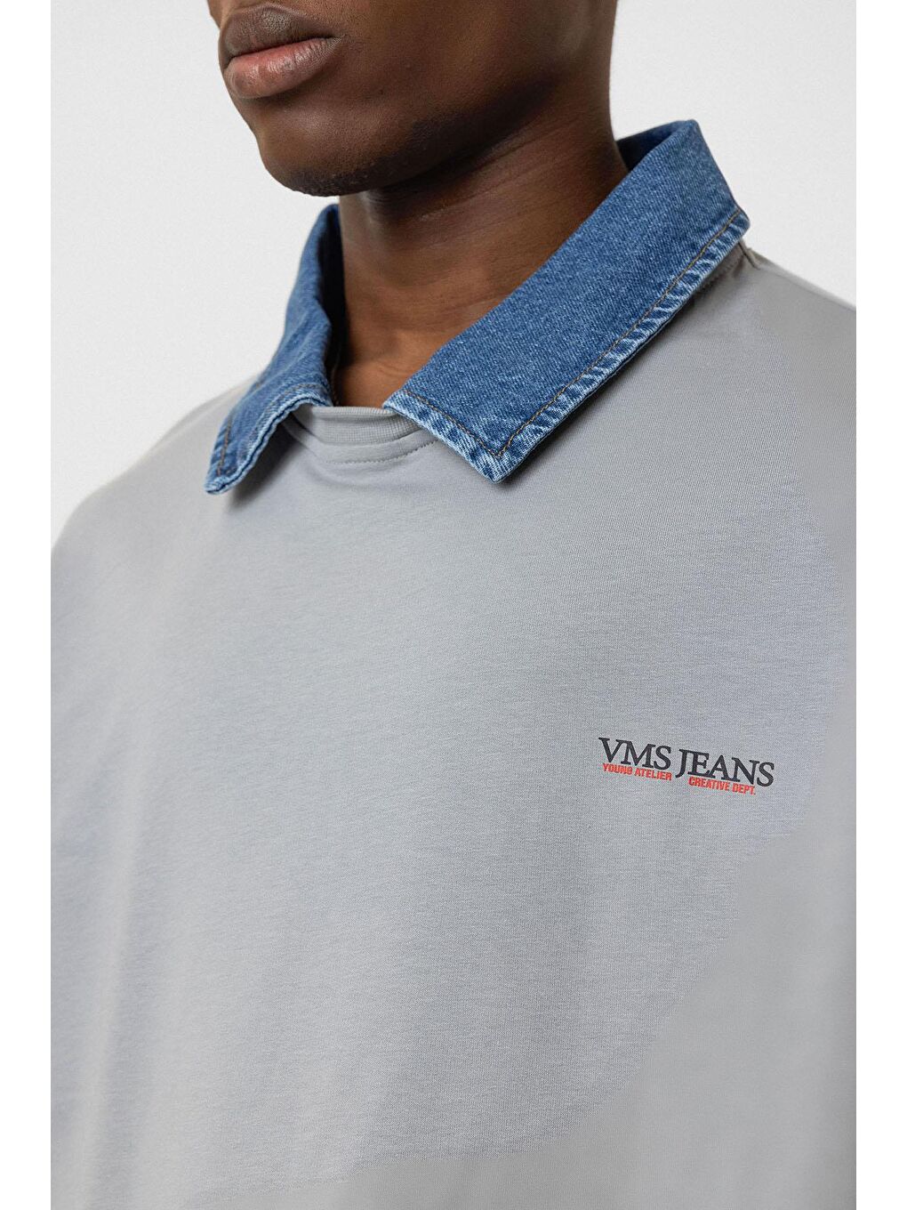 Polo Yaka Yazı Detaylı Oversize Tişört Gri-5