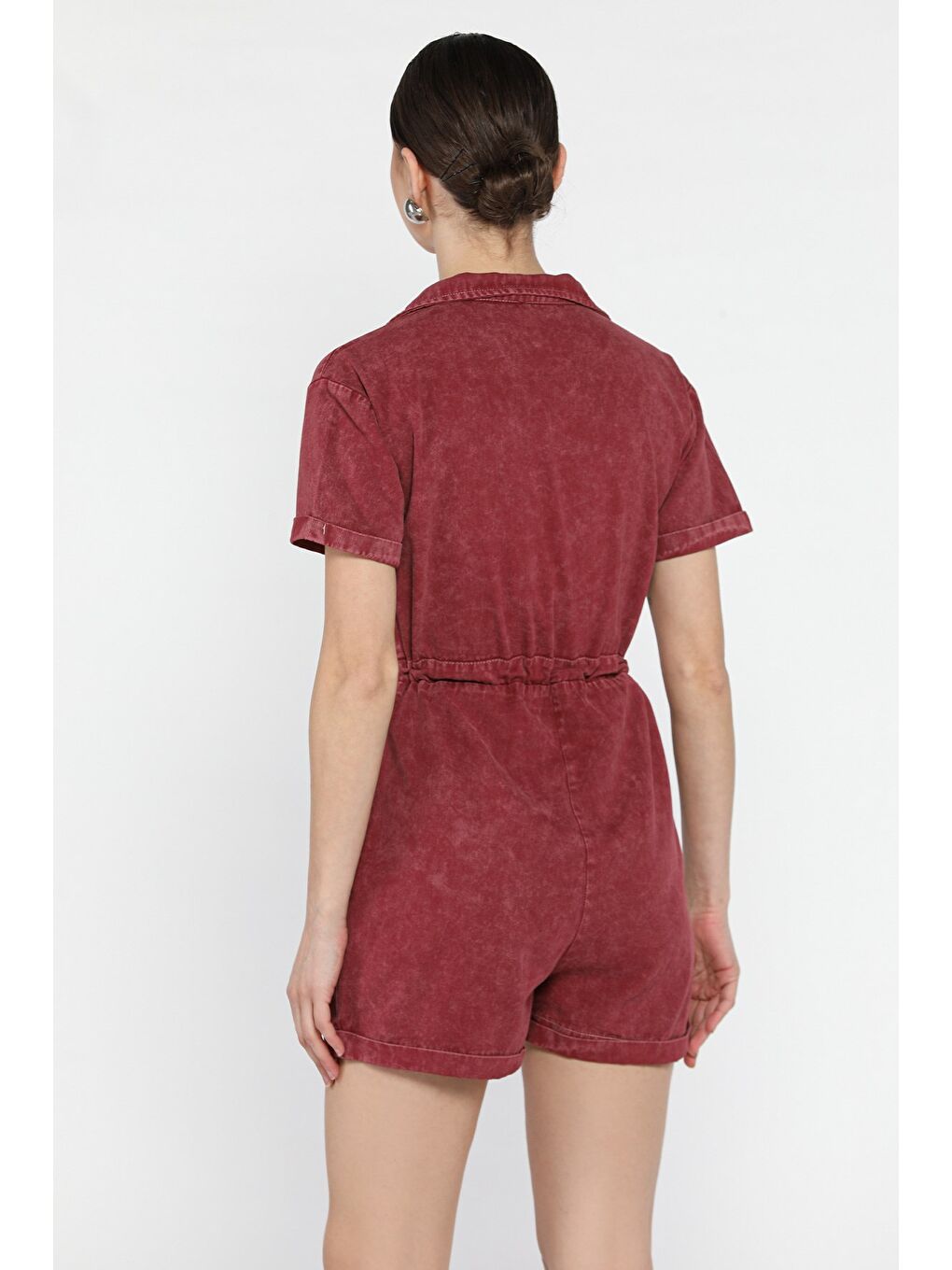 Bordo Kol Katlamalı Bel Bağcıklı Jean Tulum-2