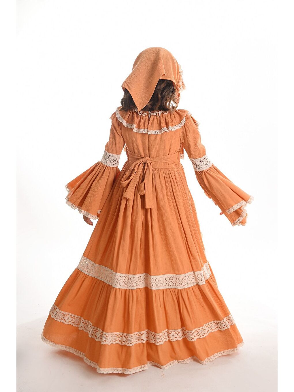 Turuncu Özel Tasarım Vintage Kız Çocuk Elbise, Saç Aksesuarlı Kız Çocuk Abiye Elbise, Uzun Kız Çocuk Elbise-6