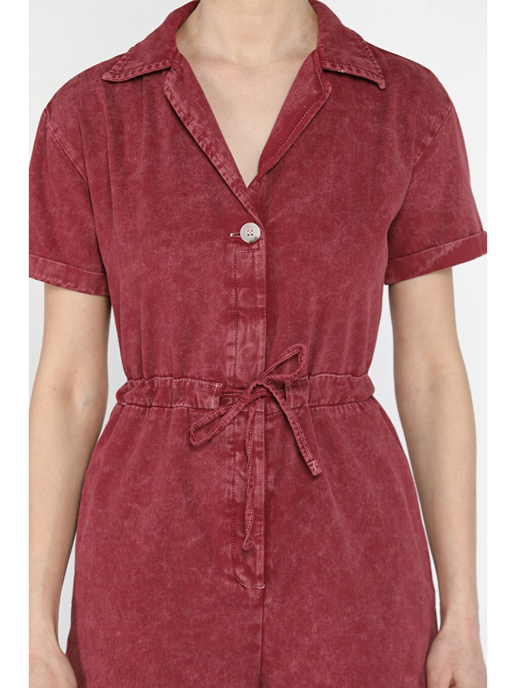 Bordo Kol Katlamalı Bel Bağcıklı Jean Tulum-3