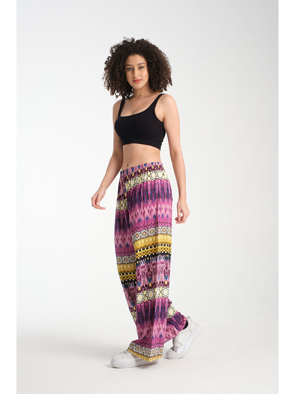 Mor Kadın Desenli Dökümlü Viskon Pantolon 1073-1