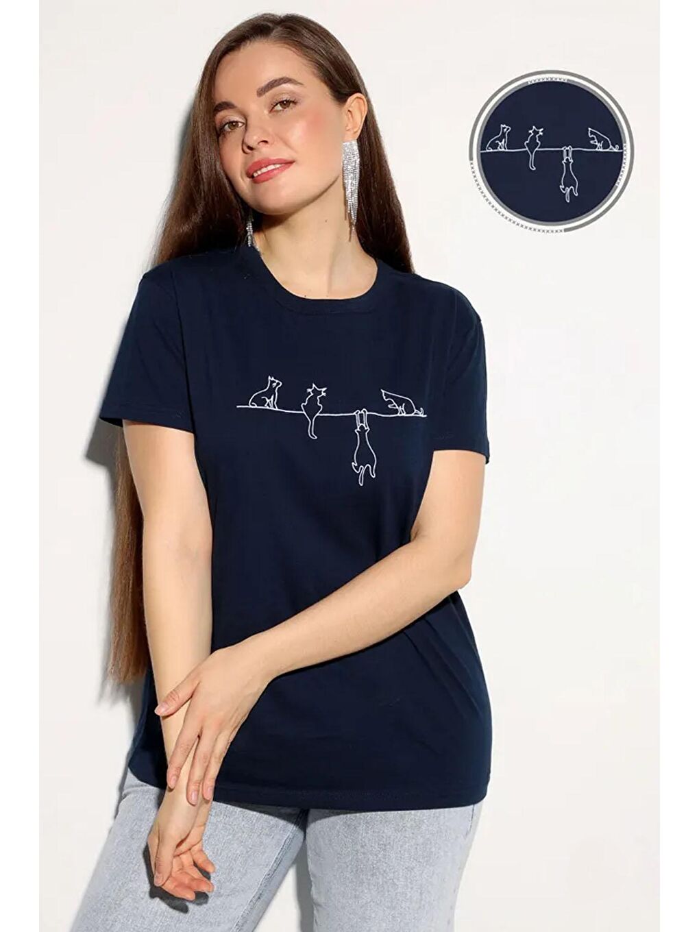 uyguntarz Lacivert Unisex Kedi Baskılı Oversize Tshirt