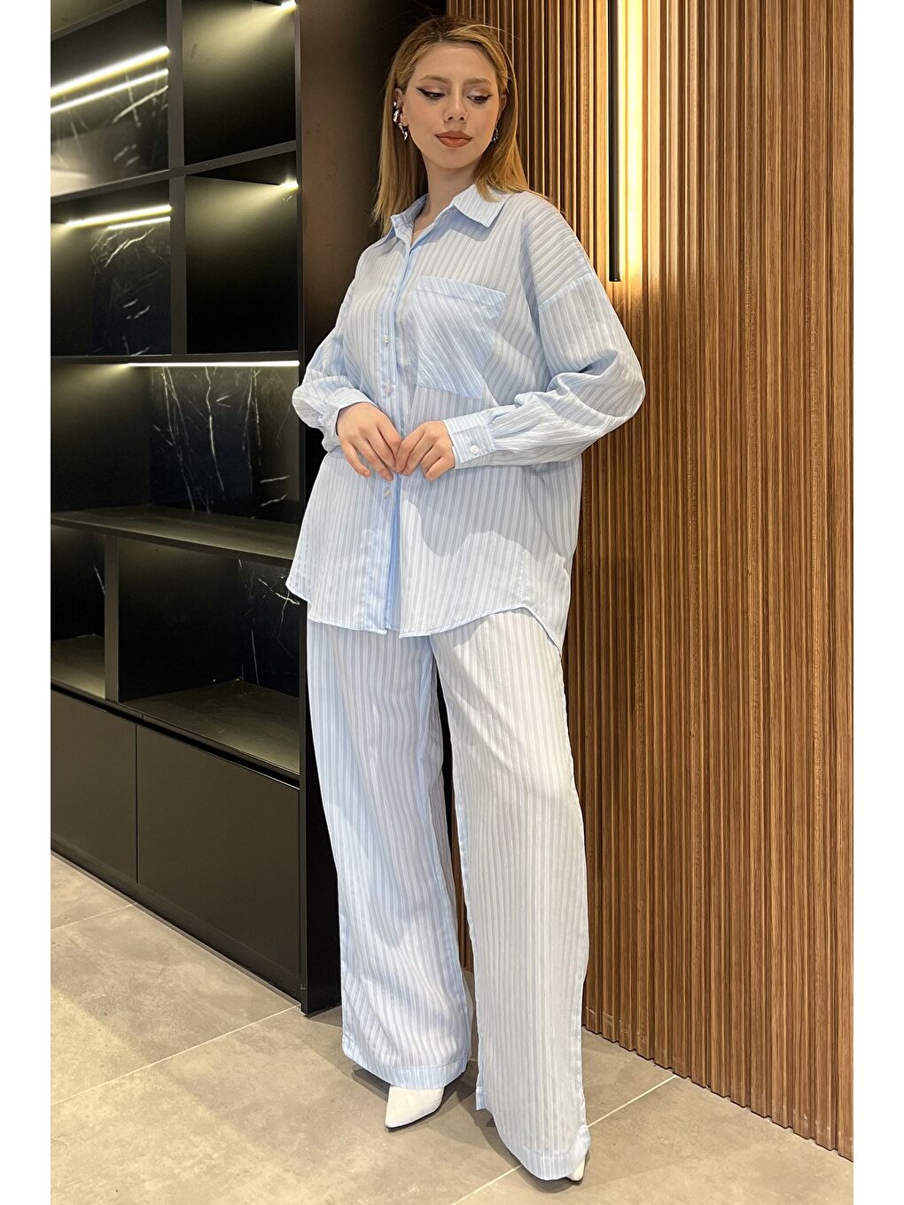 Mavi Kadın Çizgi Desenli Gömlek Pantolon İkili Takım-1