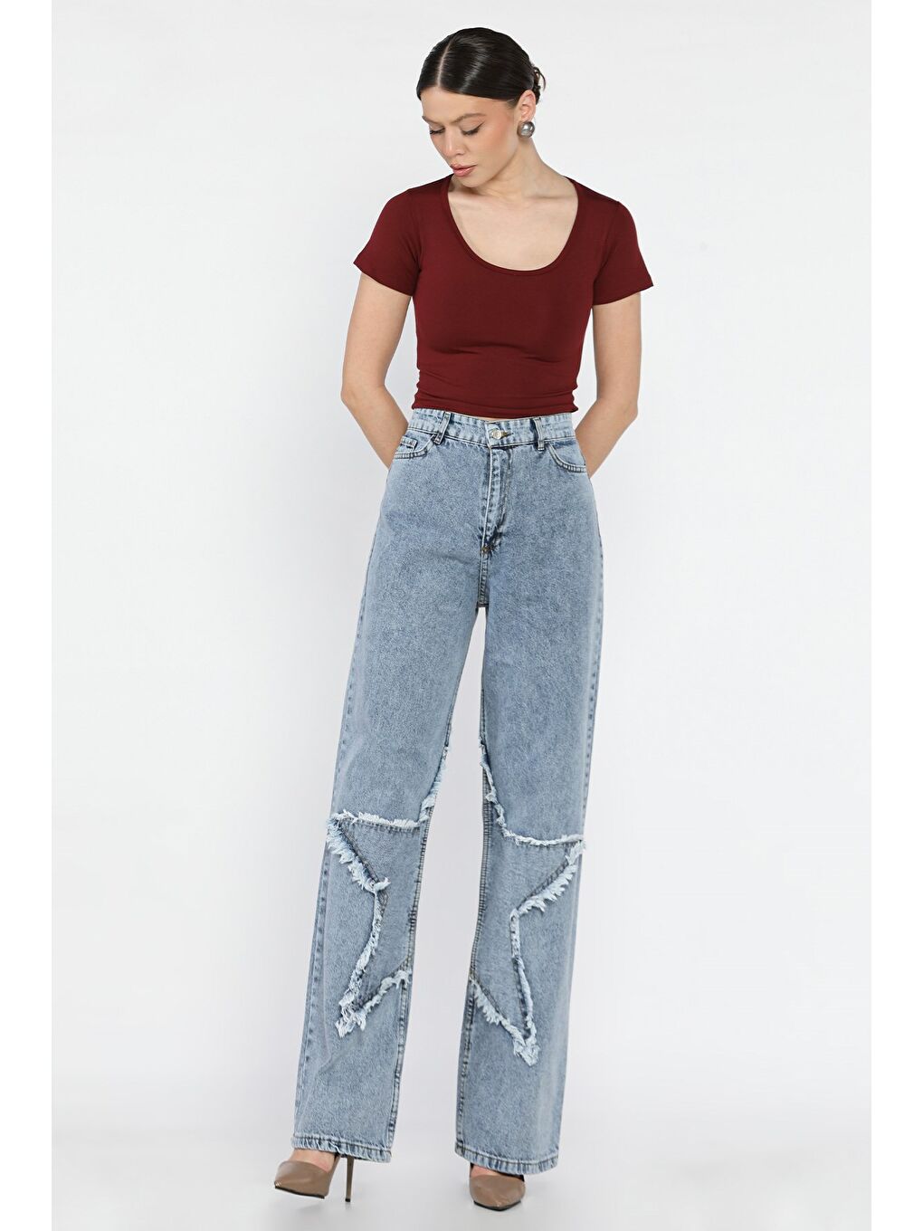 Mavi Kadın Yüksek Bel Yıldız Detaylı Palazzo Jean Pantolon-1