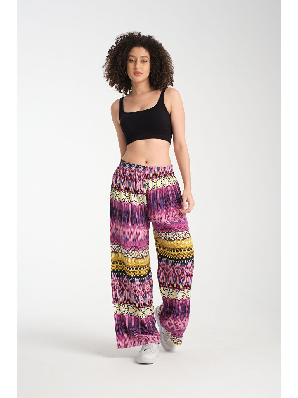 Mor Kadın Desenli Dökümlü Viskon Pantolon 1073-4