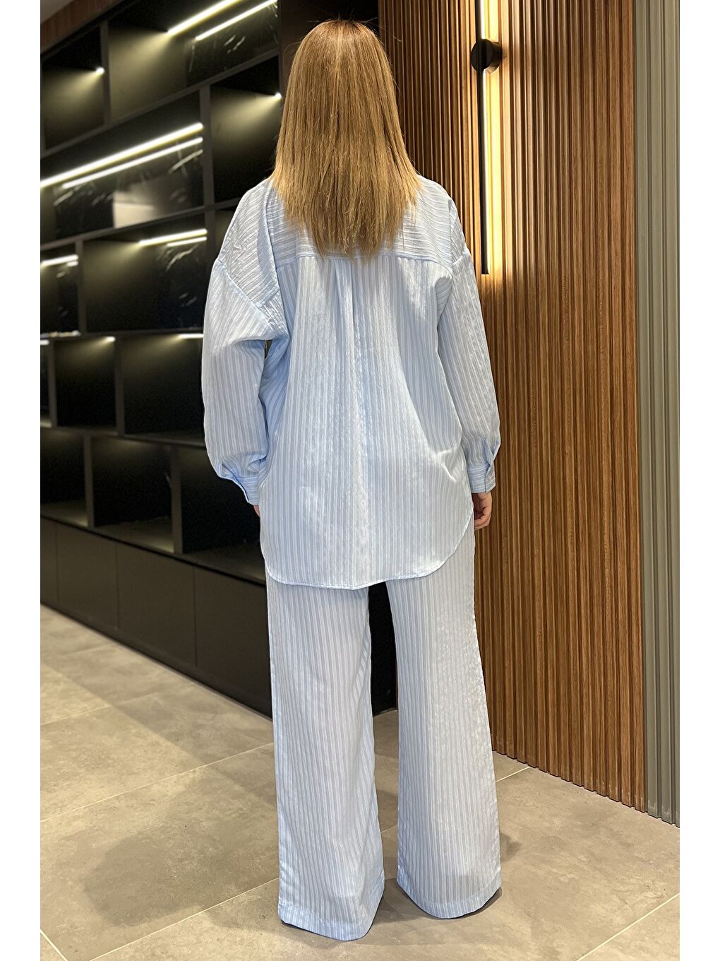 Mavi Kadın Çizgi Desenli Gömlek Pantolon İkili Takım-2