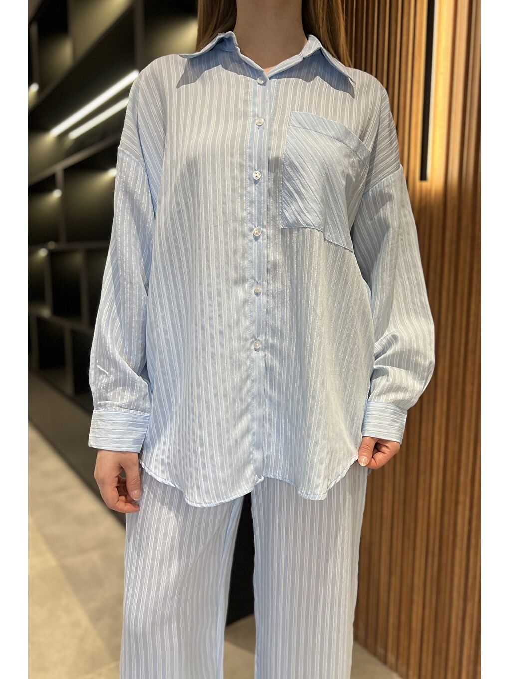 Mavi Kadın Çizgi Desenli Gömlek Pantolon İkili Takım-3