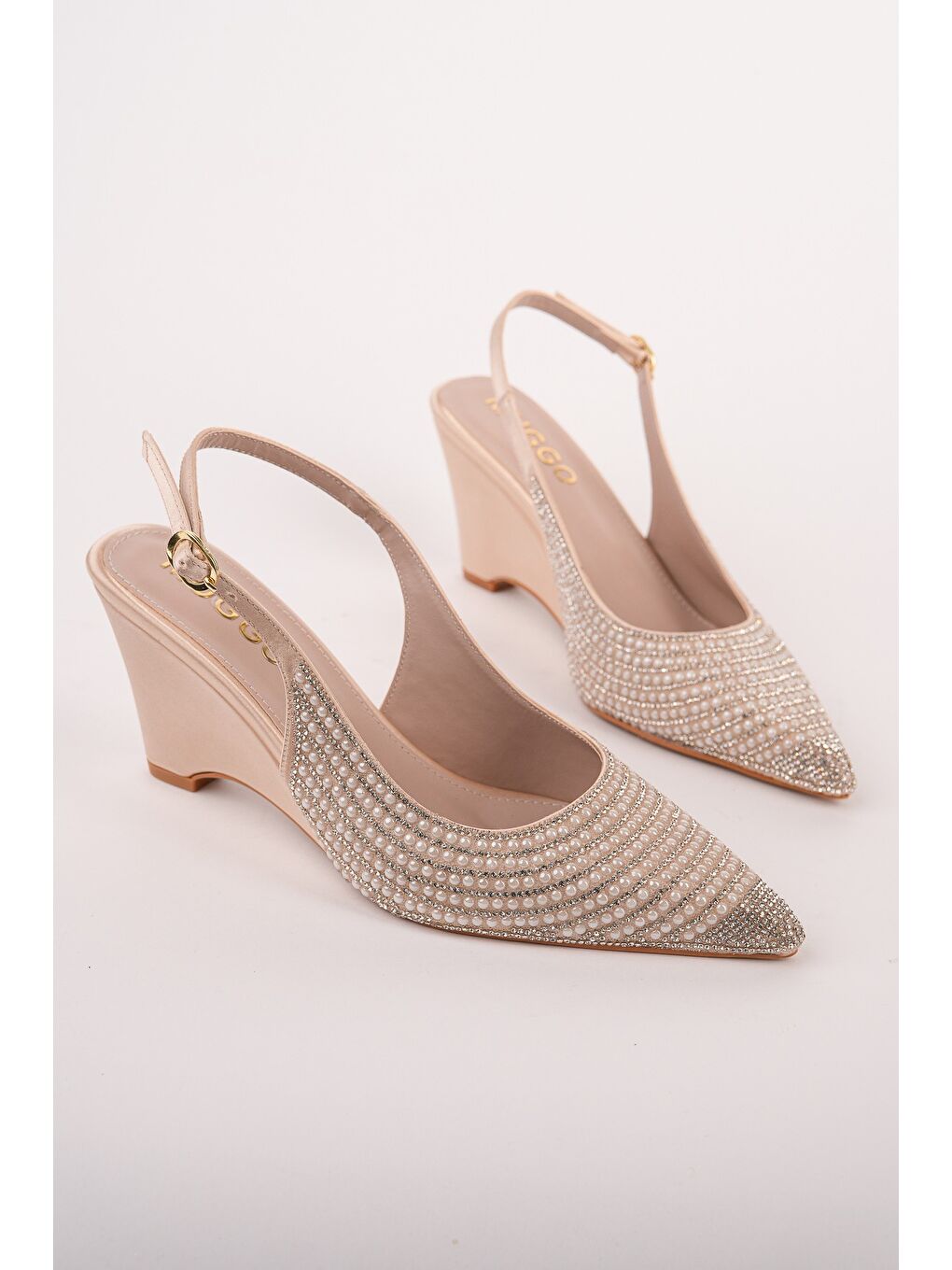 Sarı TİERA Taş ve İnci İşlemeli Sivri Burun Arkası Açık Kadın Dolgu Topuklu Abiye Ayakkabı-1