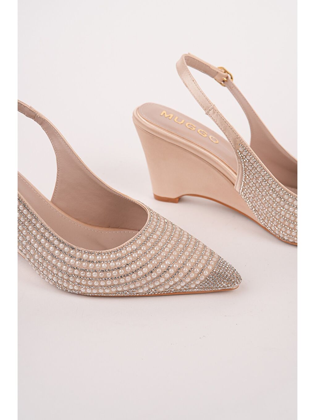 Sarı TİERA Taş ve İnci İşlemeli Sivri Burun Arkası Açık Kadın Dolgu Topuklu Abiye Ayakkabı-2