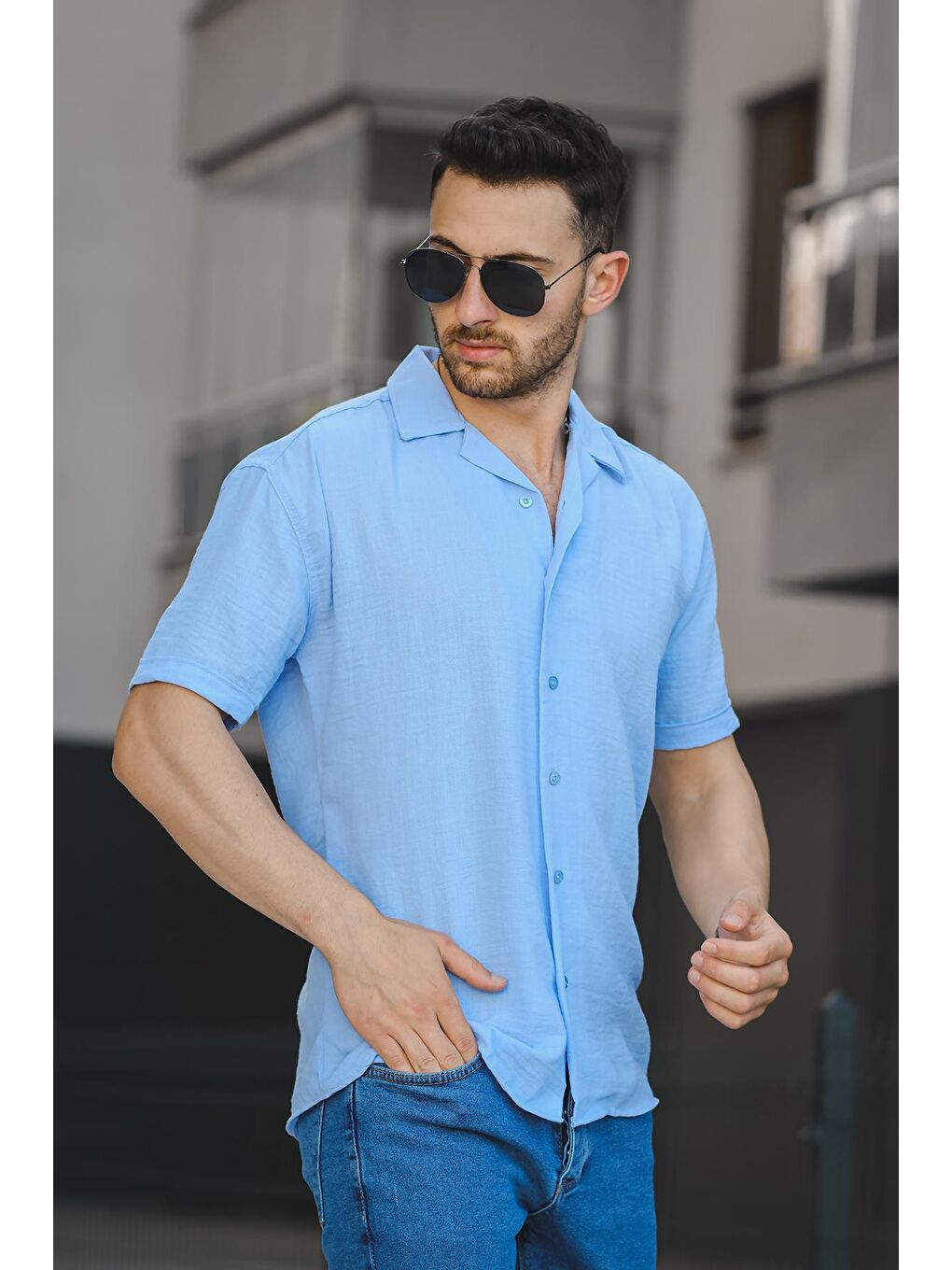 Mavi Slim Kısa Kol Apaç Yaka Erkek Gömlek