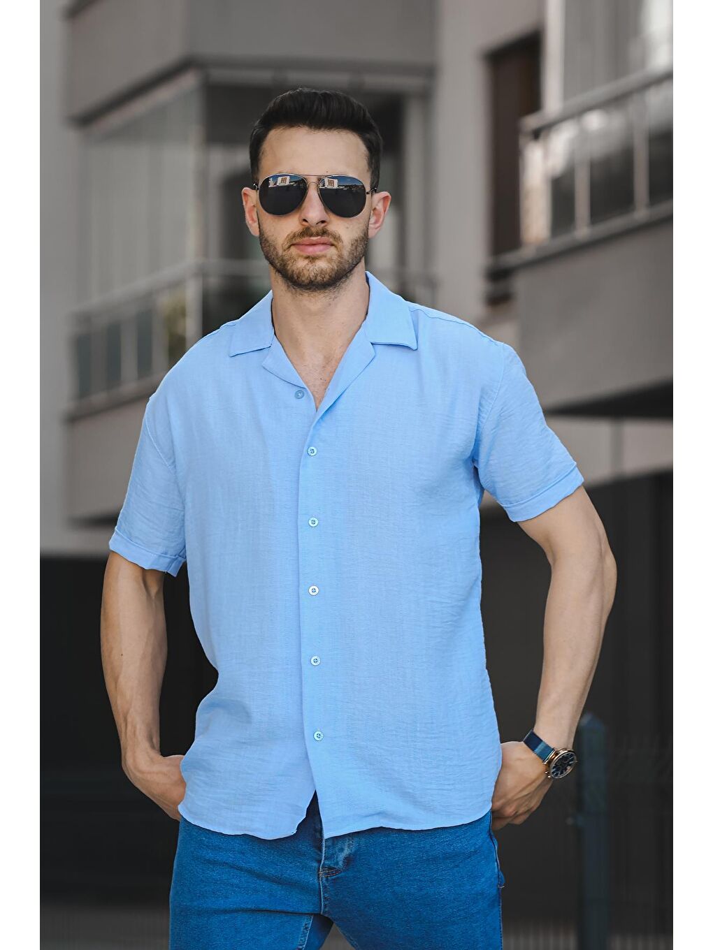 Mavi Slim Kısa Kol Apaç Yaka Erkek Gömlek-1