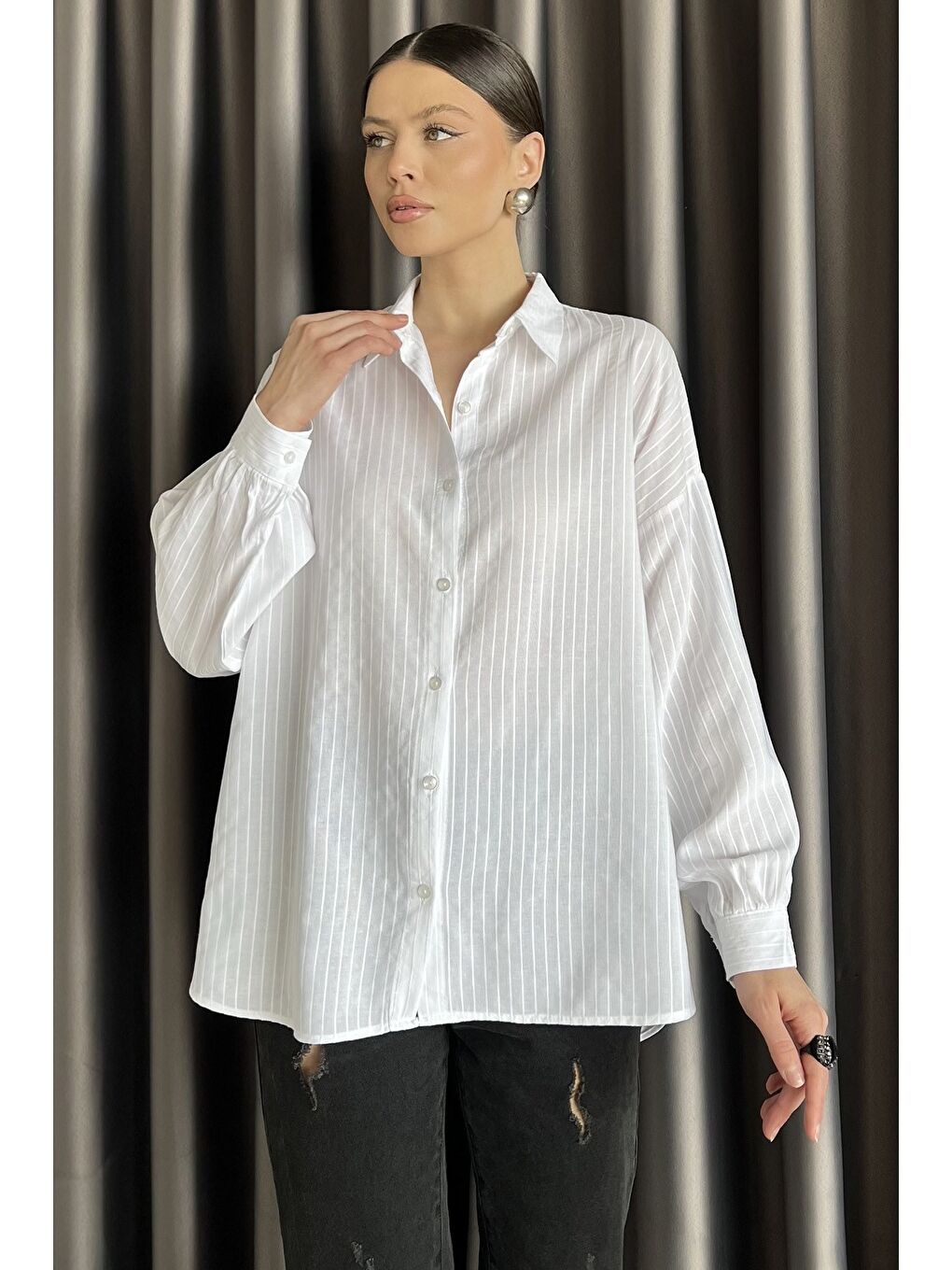 Ekru Çizgi Desenli Kadın Gömlek