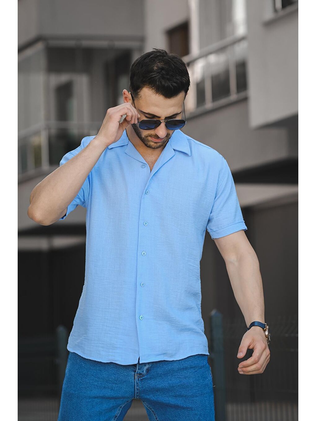 Mavi Slim Kısa Kol Apaç Yaka Erkek Gömlek-2