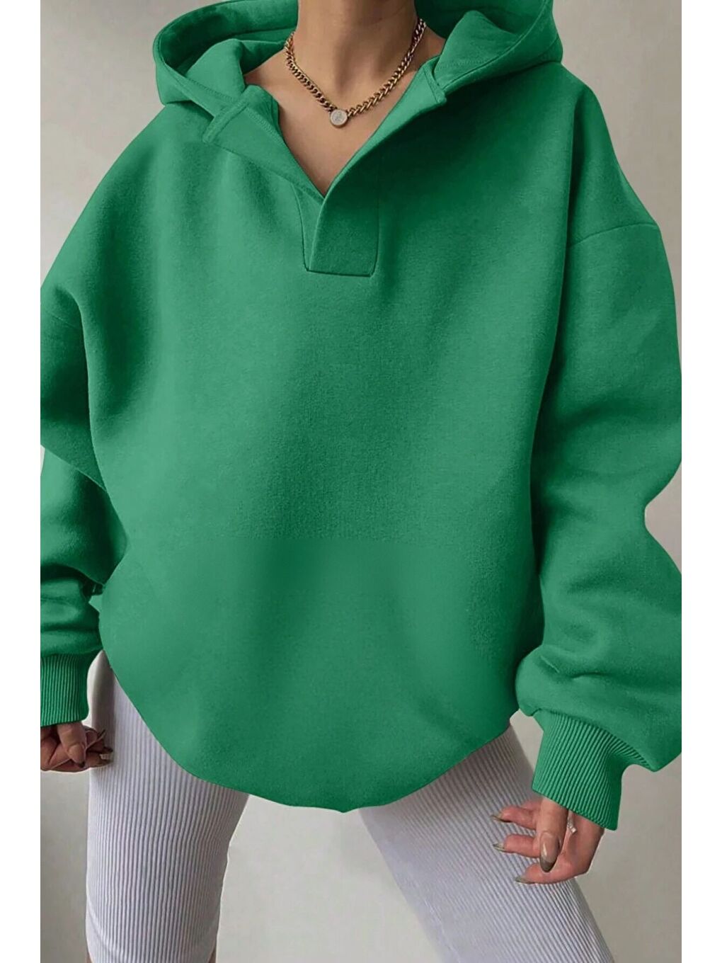 Trendseninle Kadın Yeşil Relax Yaka Detay Oversize Kapüşonlu Sweatshirt - 3