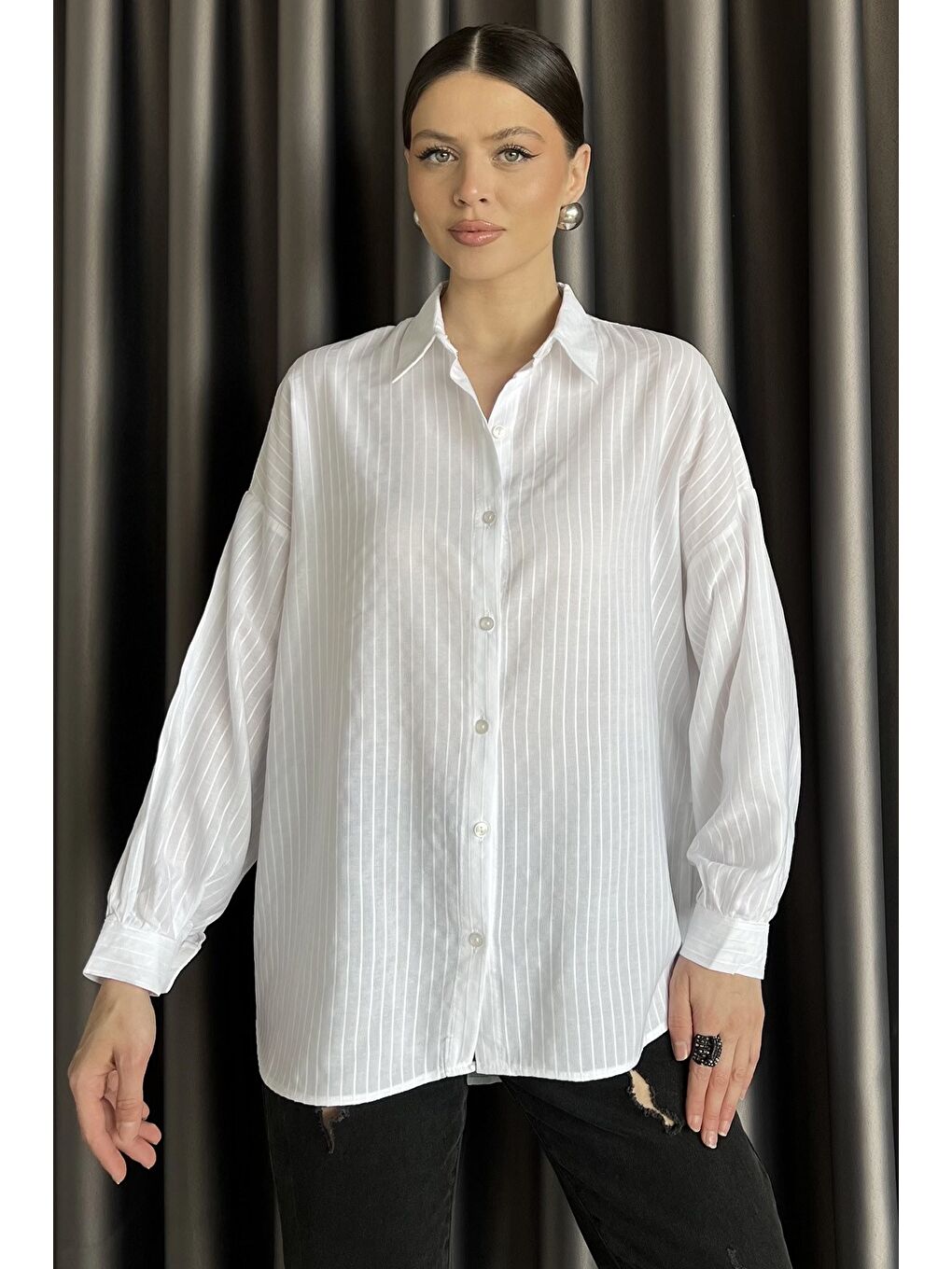 Ekru Çizgi Desenli Kadın Gömlek-1