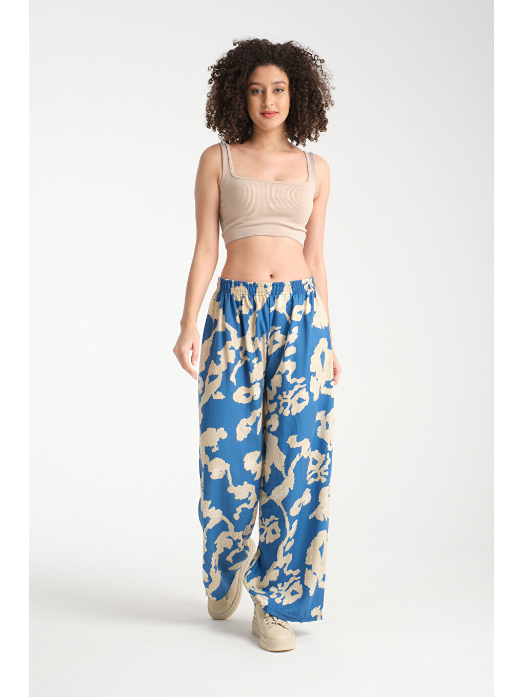 Mavi Kadın Desenli Dökümlü Viskon Pantolon 1074-4