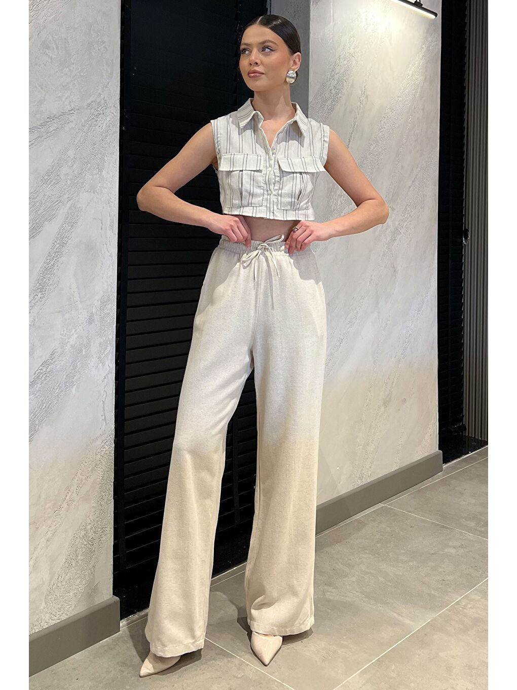 Bej Kadın Yüksek Bel Bağlamalı Bol Paça Keten Pantolon-1