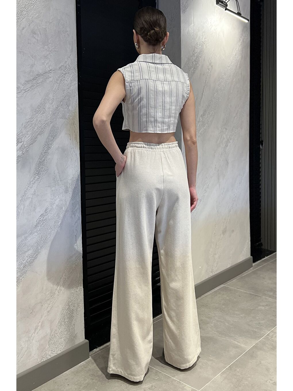 Bej Kadın Yüksek Bel Bağlamalı Bol Paça Keten Pantolon-2