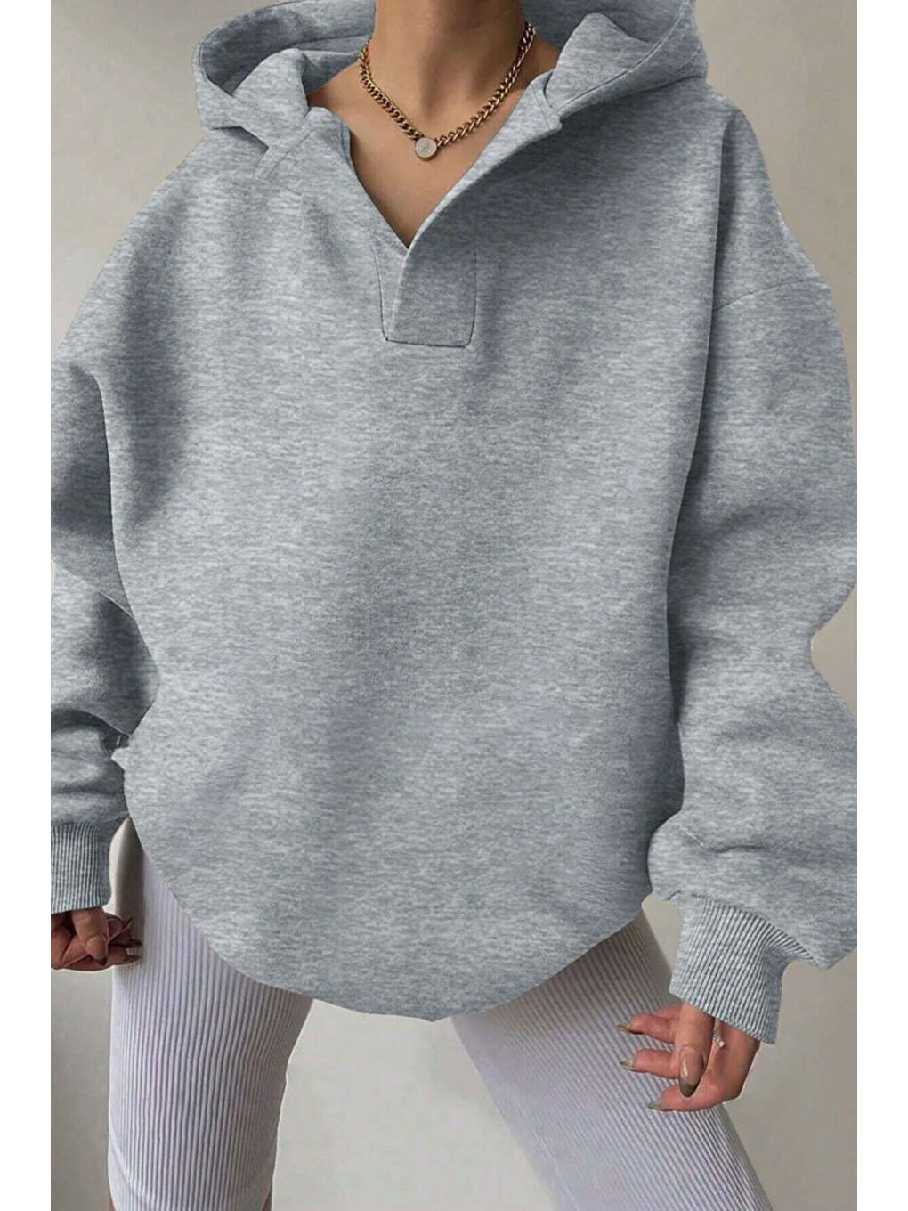 Kadın Gri Relax Yaka Detay Oversize Kapüşonlu Sweatshirt