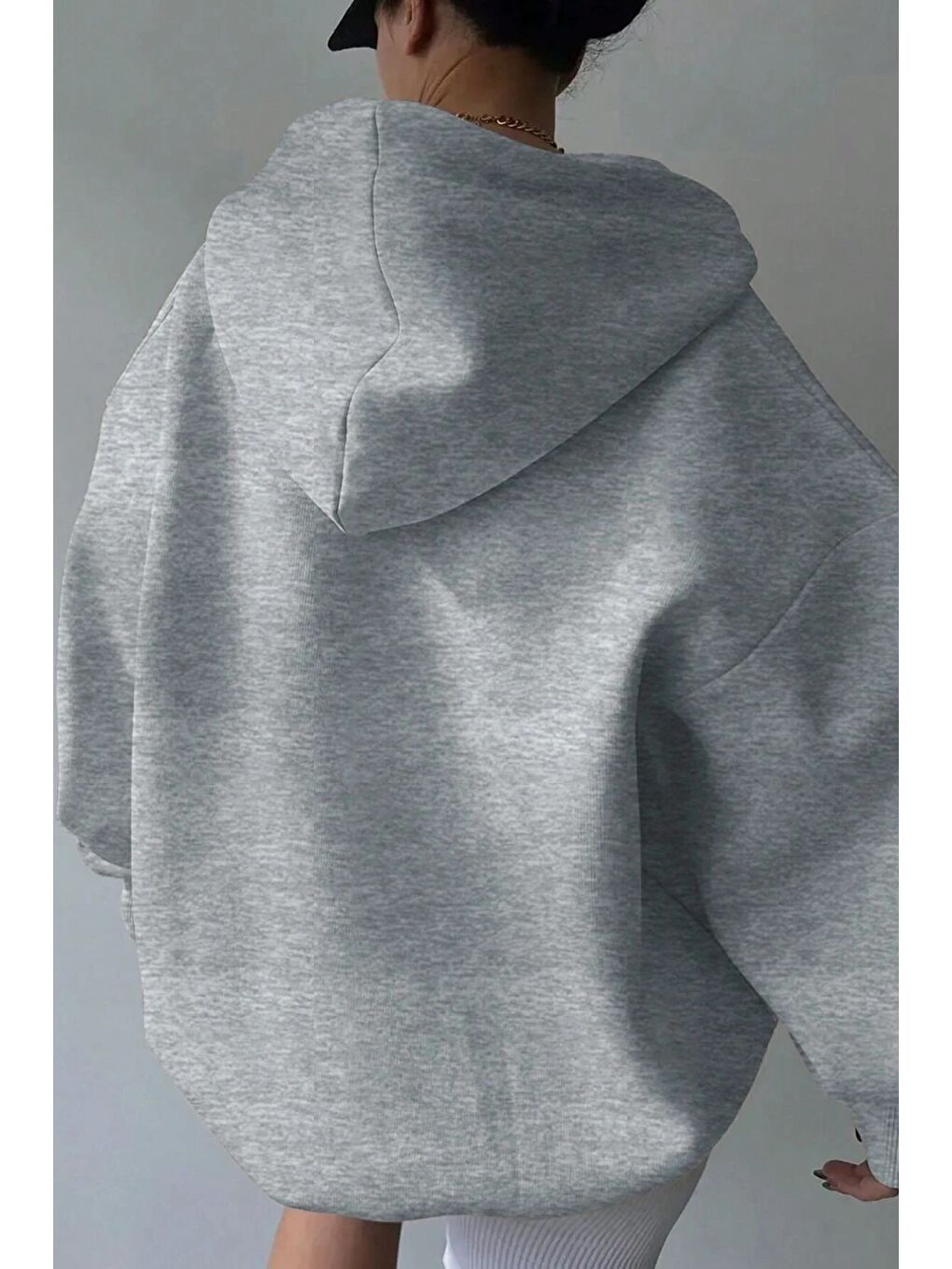 Kadın Gri Relax Yaka Detay Oversize Kapüşonlu Sweatshirt-1