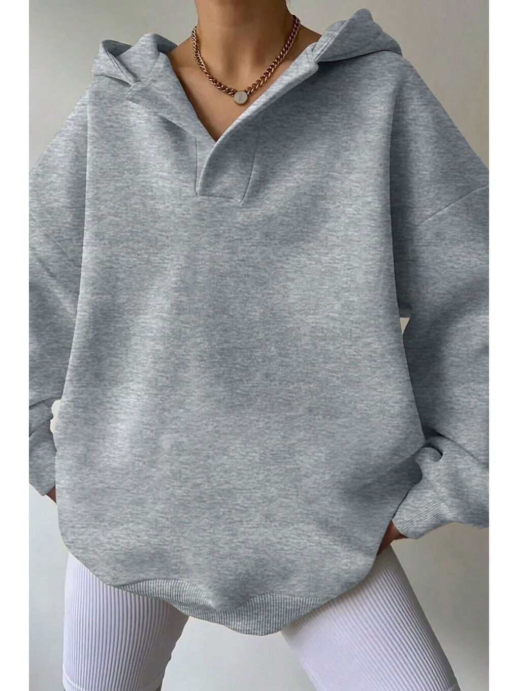 Kadın Gri Relax Yaka Detay Oversize Kapüşonlu Sweatshirt-2