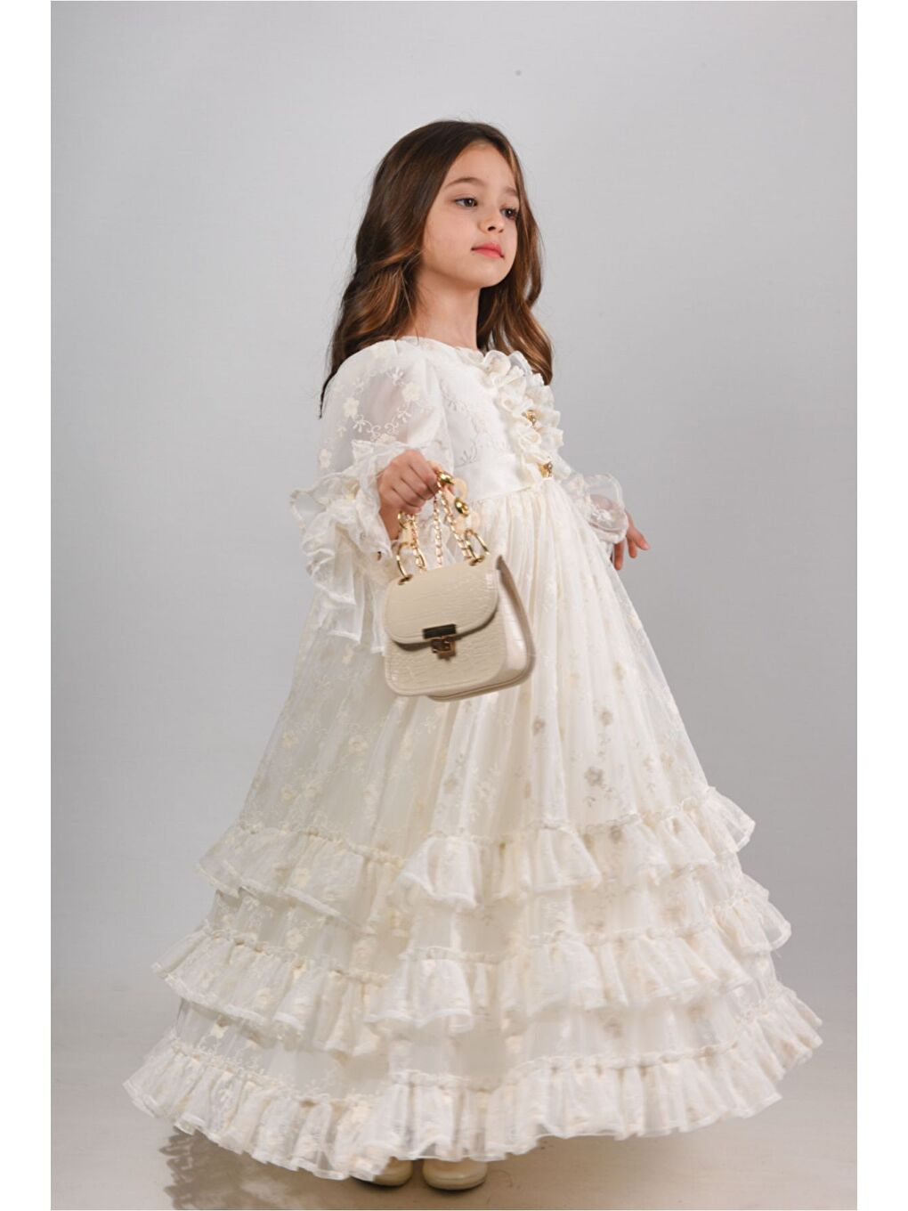 Ekru, Özel Tasarım Kız Çocuk Abiye Elbise ,Çanta Aksesuarlı, Kol Detaylı Uzun Elbise_M2415