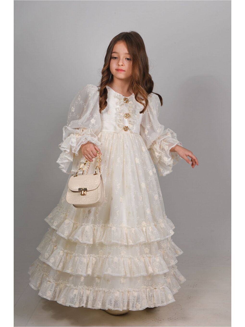 Ekru, Özel Tasarım Kız Çocuk Abiye Elbise ,Çanta Aksesuarlı, Kol Detaylı Uzun Elbise_M2415-1