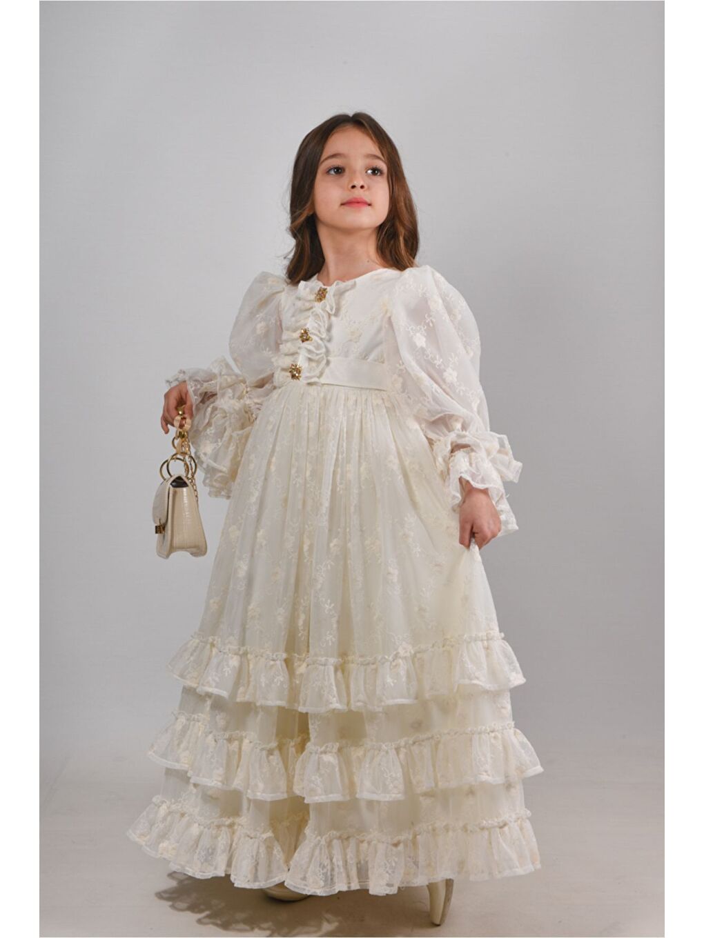 Ekru, Özel Tasarım Kız Çocuk Abiye Elbise ,Çanta Aksesuarlı, Kol Detaylı Uzun Elbise_M2415-2