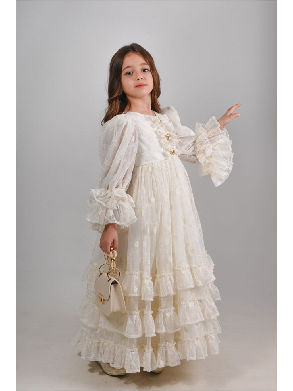 Ekru, Özel Tasarım Kız Çocuk Abiye Elbise ,Çanta Aksesuarlı, Kol Detaylı Uzun Elbise_M2415-3
