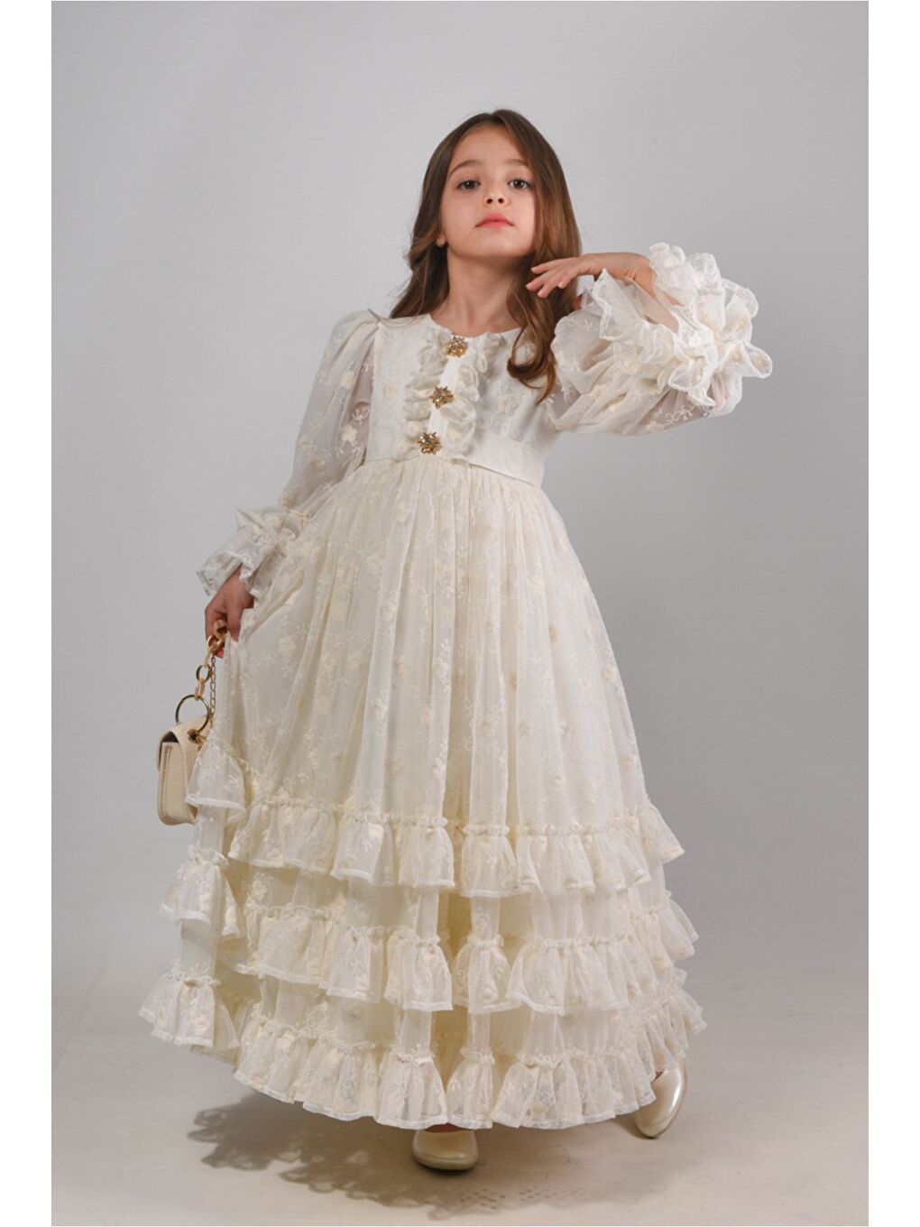 Ekru, Özel Tasarım Kız Çocuk Abiye Elbise ,Çanta Aksesuarlı, Kol Detaylı Uzun Elbise_M2415-4