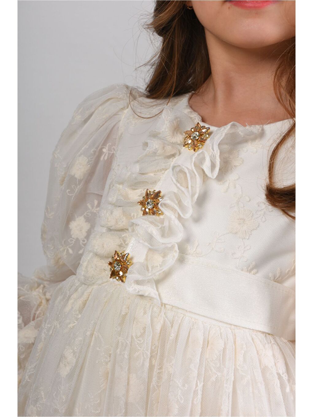 Ekru, Özel Tasarım Kız Çocuk Abiye Elbise ,Çanta Aksesuarlı, Kol Detaylı Uzun Elbise_M2415-5