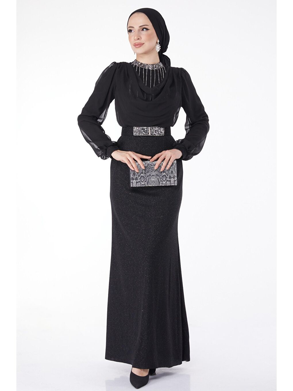 Bisiklet Yaka Kadın Siyah Taş Detaylı Abiye Elbise - 25018