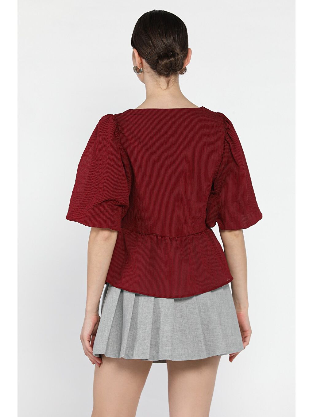 Bordo Kare Yaka Ön Bağlamalı Kadın Bluz-2