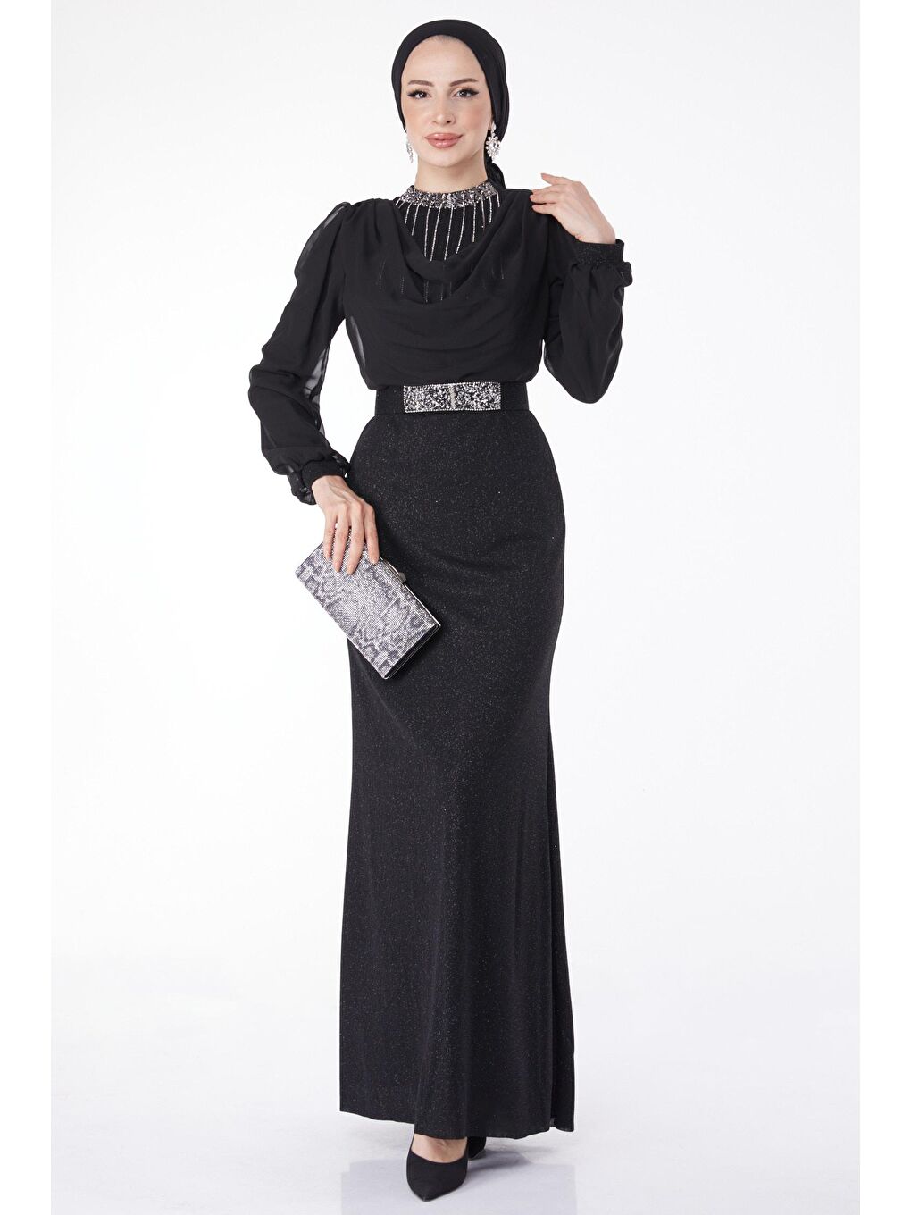 Bisiklet Yaka Kadın Siyah Taş Detaylı Abiye Elbise - 25018-1