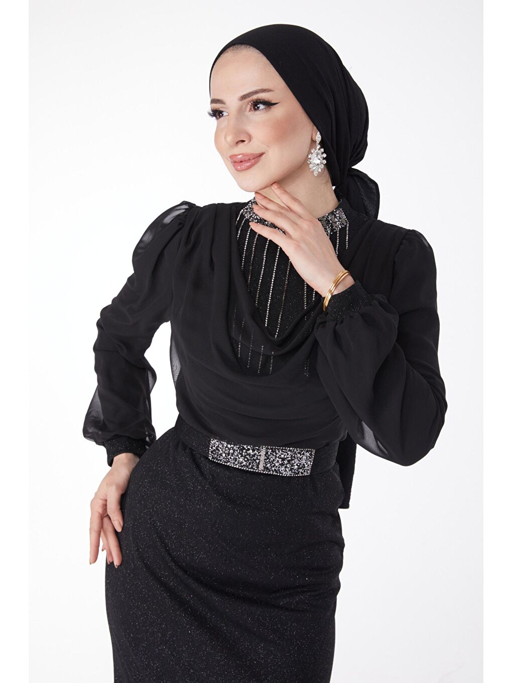 Bisiklet Yaka Kadın Siyah Taş Detaylı Abiye Elbise - 25018-2
