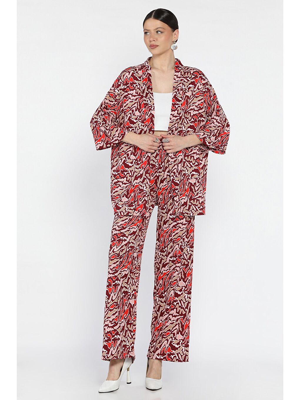 Bordo Kadın Desenli Kimono Pantolon İkili Takım