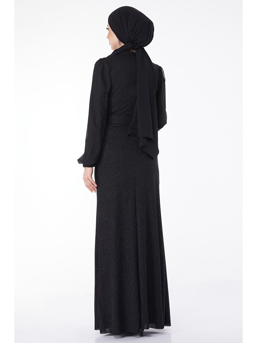 Bisiklet Yaka Kadın Siyah Taş Detaylı Abiye Elbise - 25018-4