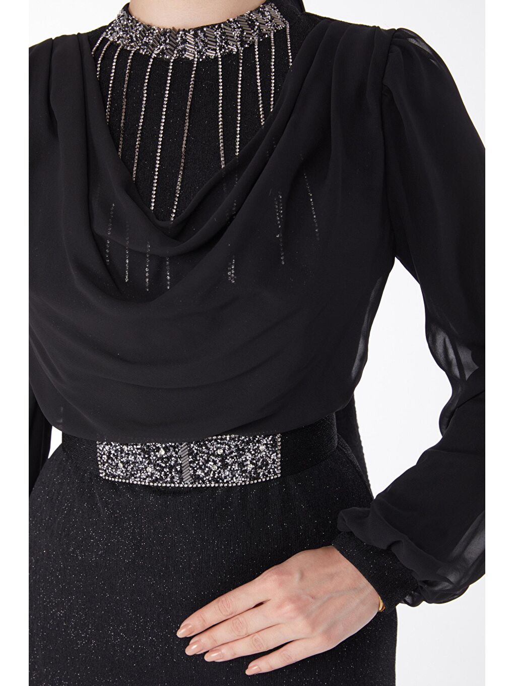 Bisiklet Yaka Kadın Siyah Taş Detaylı Abiye Elbise - 25018-5