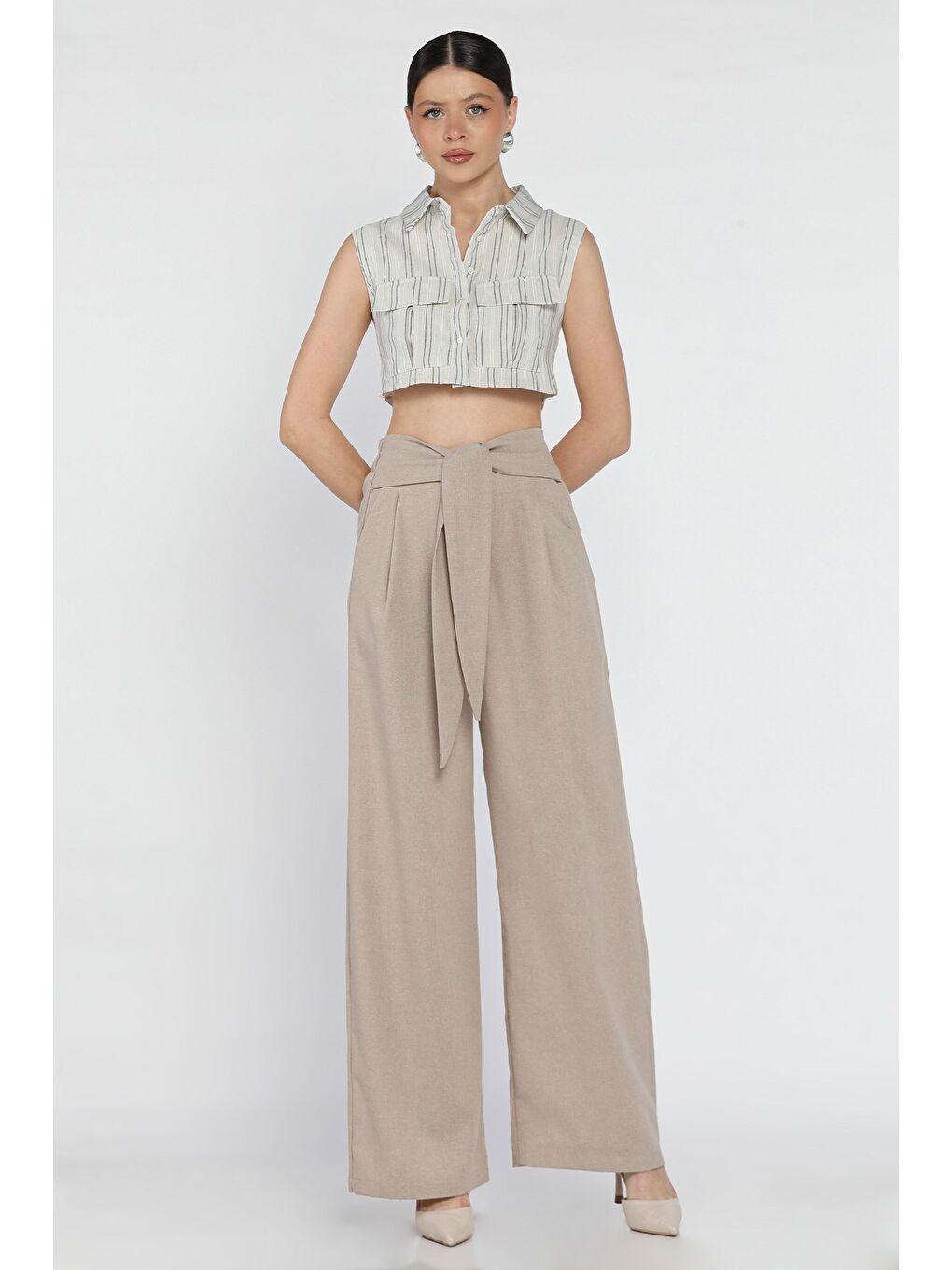 Bej Bel Bağlamalı Fermuarlı Kadın Keten Pantolon