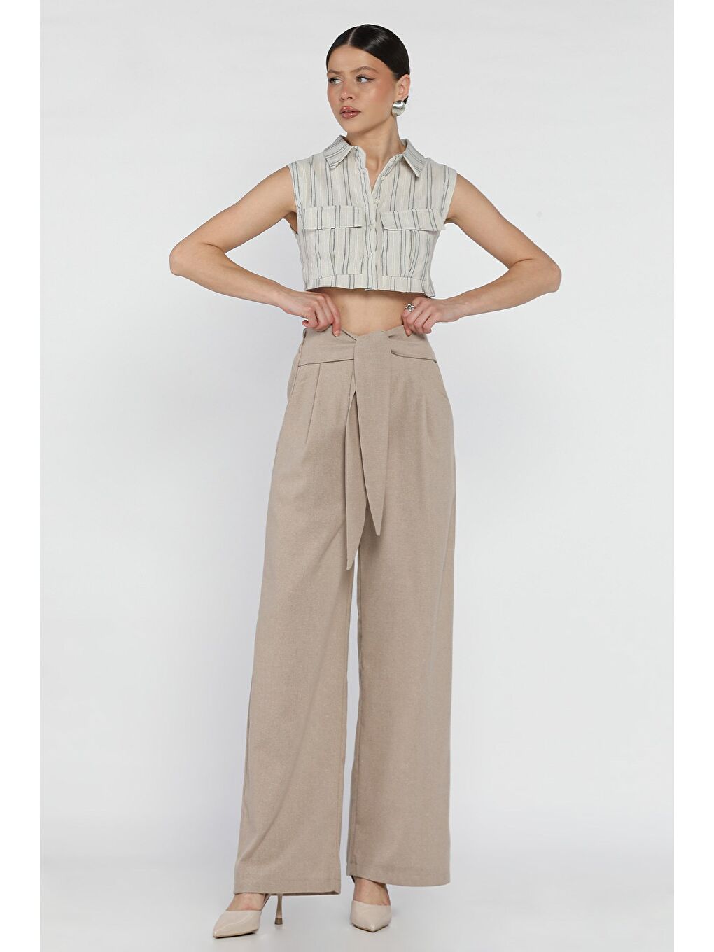 Bej Bel Bağlamalı Fermuarlı Kadın Keten Pantolon-1