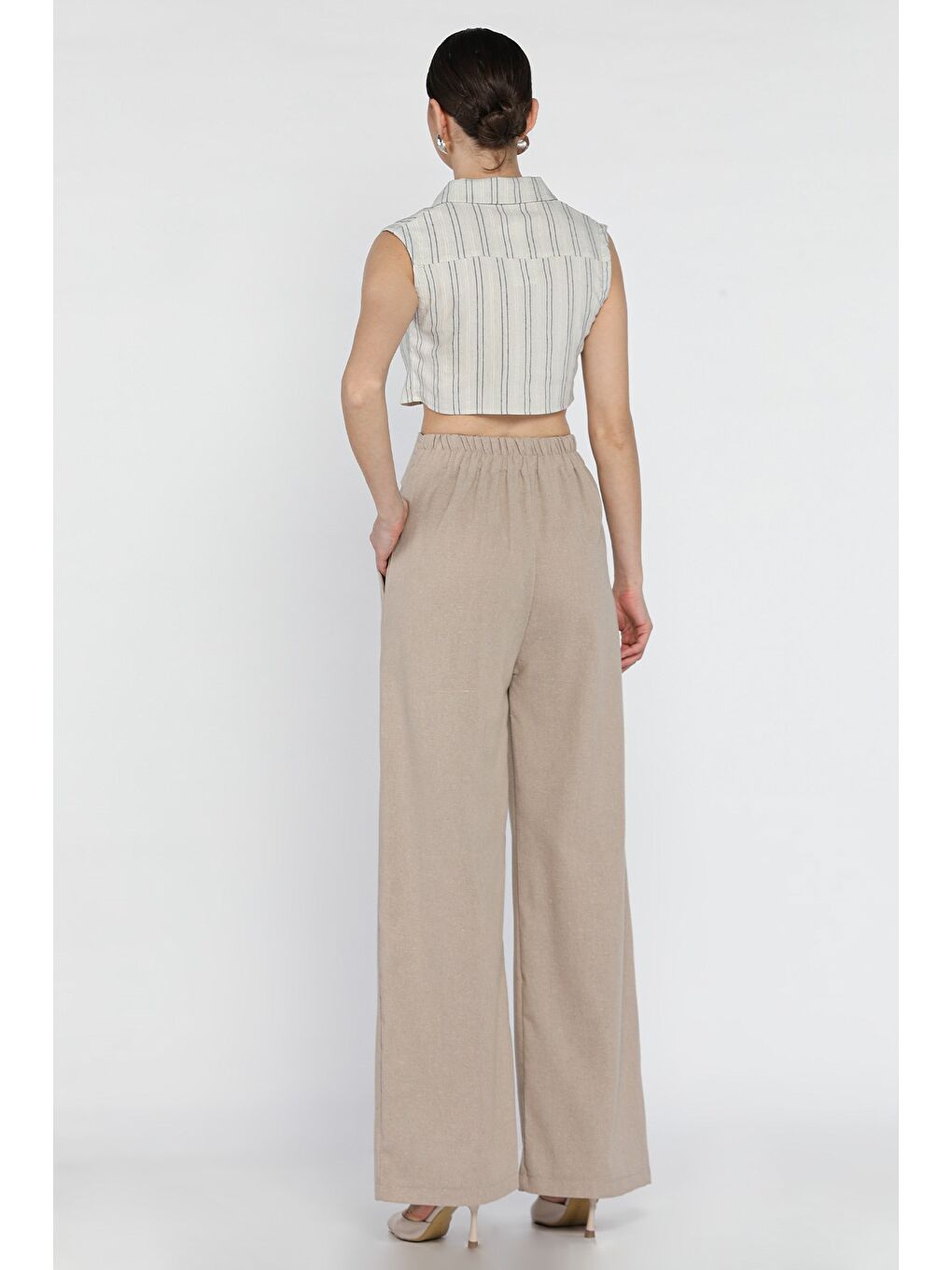 Bej Bel Bağlamalı Fermuarlı Kadın Keten Pantolon-2